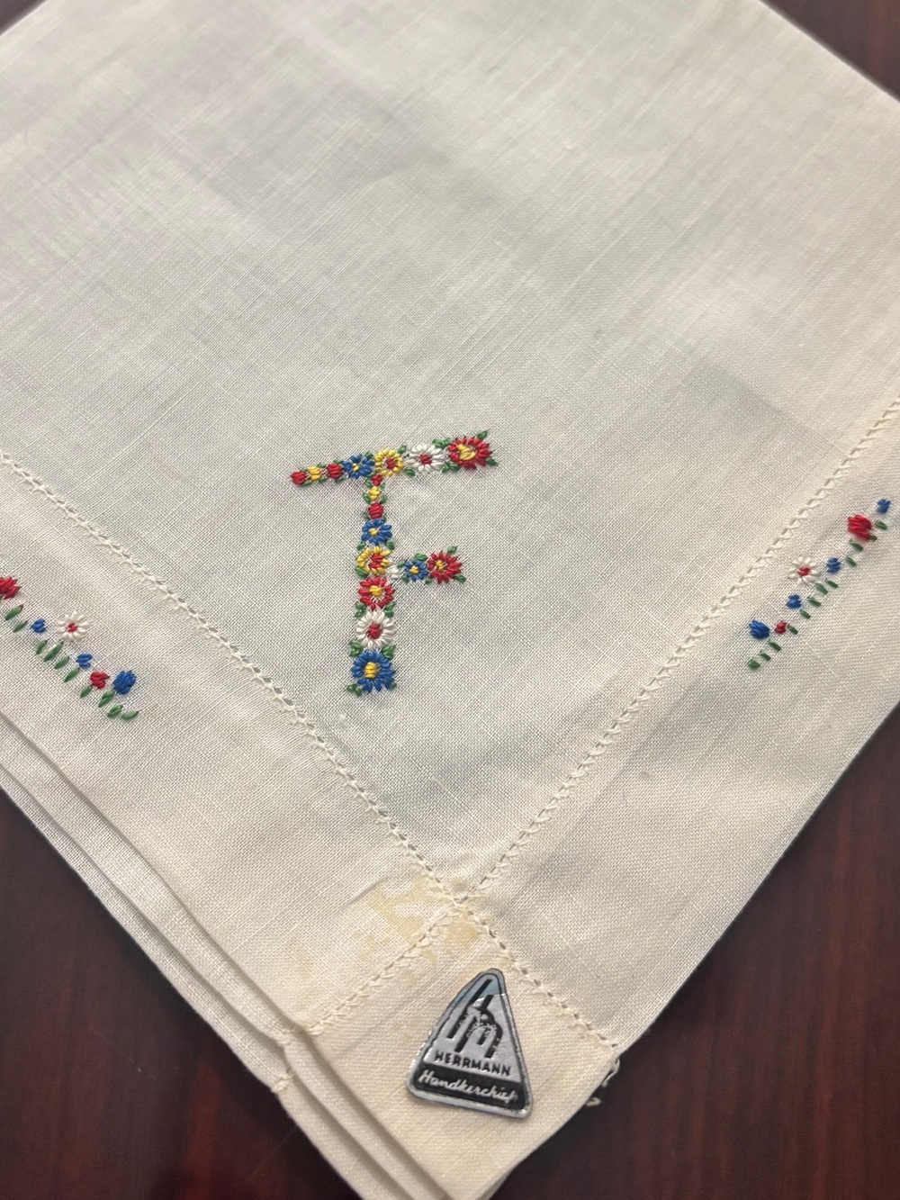 🌼 Vintage Herrmann Handkerchief Embroidered Floral 'F' Monogram 🌼